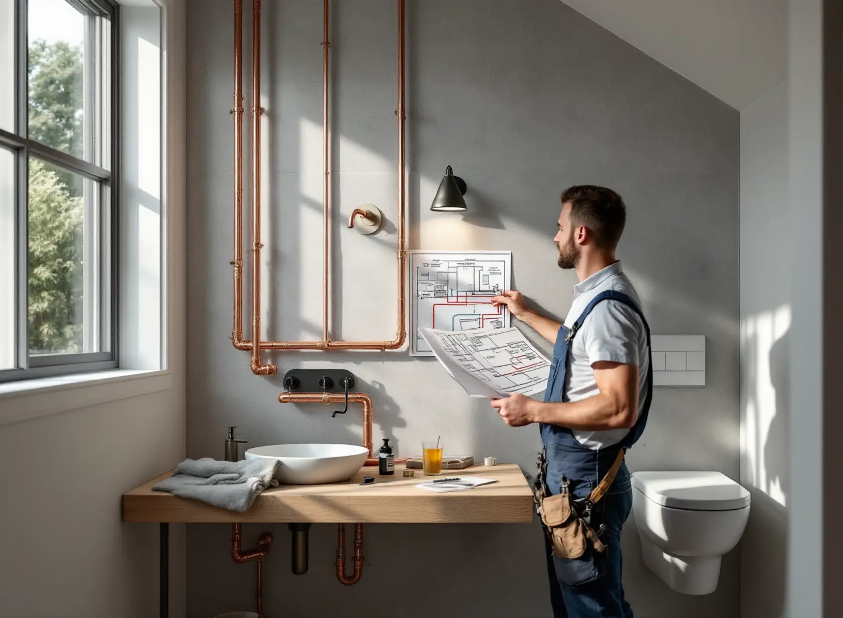 adu-bathroom-plumbing-layout-smart-planning-tips-for-2025-featured-20260223-1523 Plumber reviewing ADU bathroom plumbing layout with exposed pipes and blueprint in modern Sacramento home.