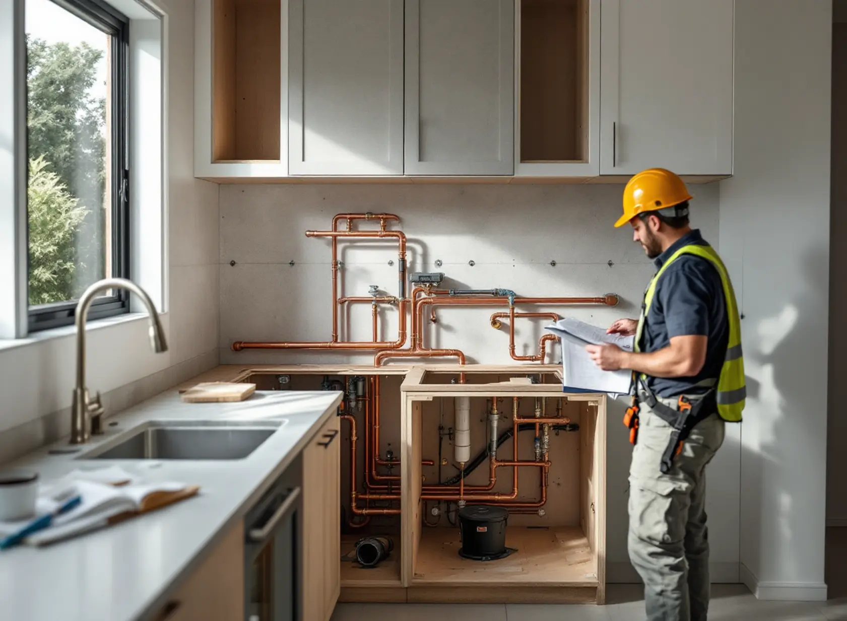 adu-kitchen-plumbing-requirements-code-compliance-guide-featured-20260429-0646 Plumber inspecting ADU kitchen plumbing layout with pipes under sink in California home.