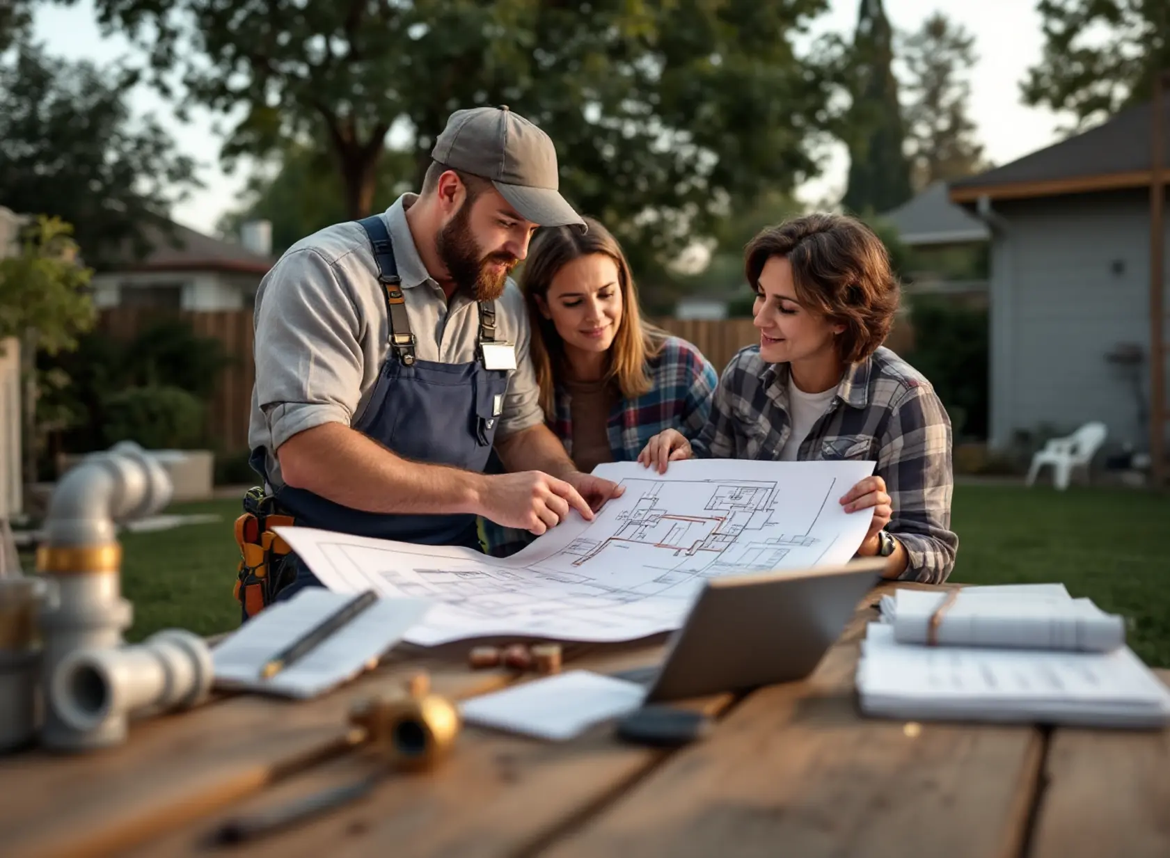 adu-plumbing-permits-sacramento-costs-steps-code-guide-featured-20251024-1430 Plumber and homeowners review ADU plumbing permits Sacramento plans in residential backyard.