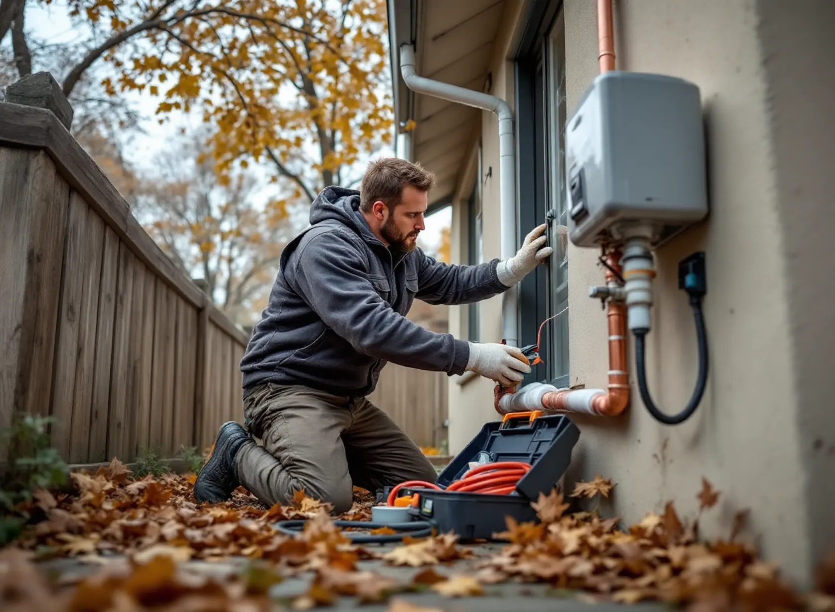 how-to-winterize-adu-plumbing-in-sacramento-cold-weather-guide-featured-20251024-1608 Technician winterizing ADU plumbing in Sacramento with pipe insulation and hose bib cover.