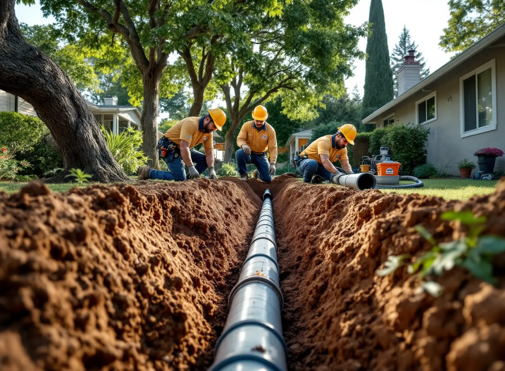 pipe-bursting-vs-pipe-lining-in-sacramento-cost-lifespan-best-uses-featured-20251226-1624 Technicians demonstrate pipe bursting vs pipe lining in a Sacramento residential backyard sewer repair.