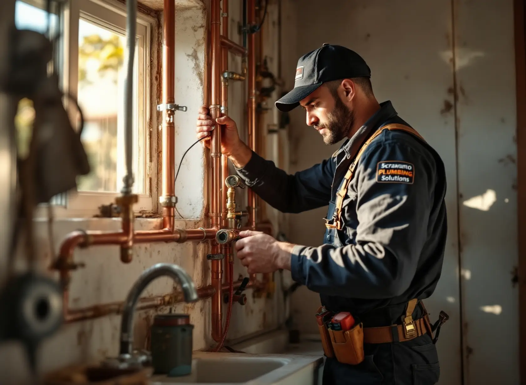repiping-process-steps-complete-guide-for-sacramento-homeowners-featured-20260331-1625 Professional plumber replacing old pipes with new PEX and copper lines during repiping process steps in Sacramento home.