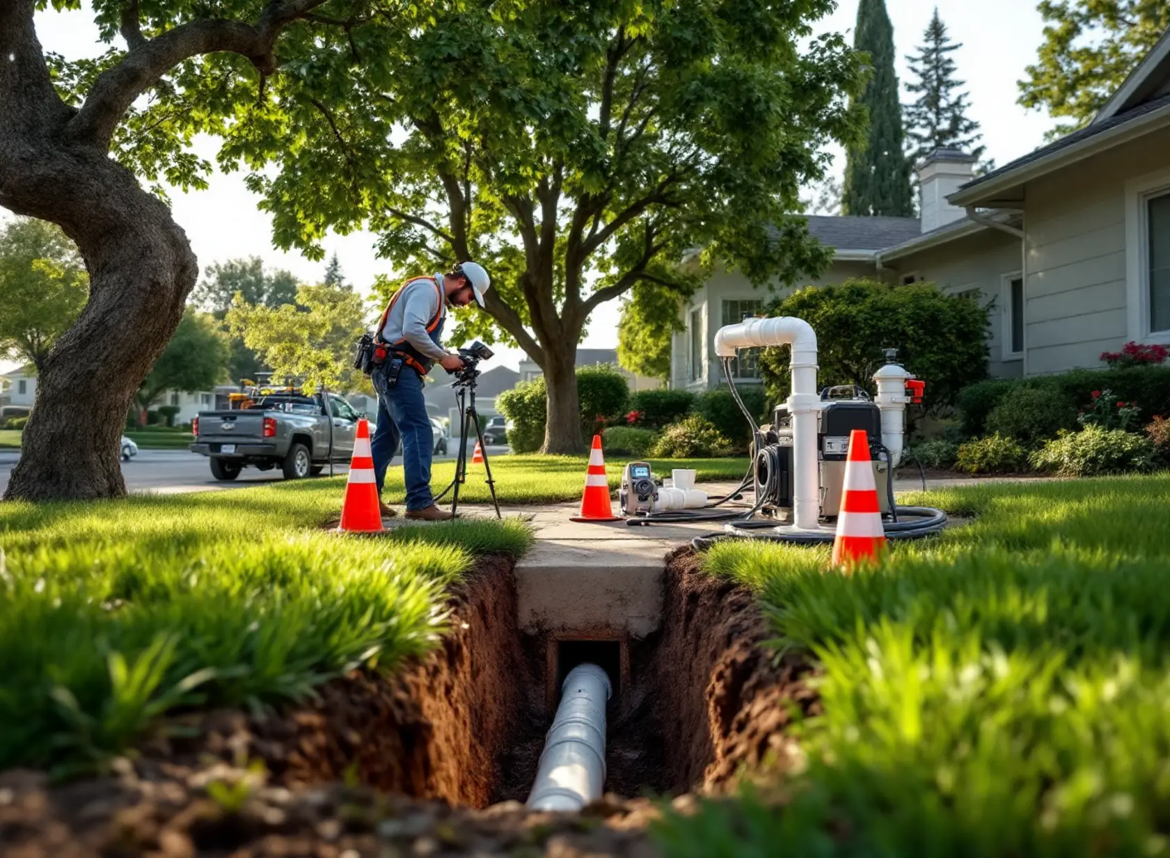trenchless-root-damage-repair-in-sacramento-no-dig-sewer-fixes-explained-featured-20260429-0657 Plumber performing trenchless root damage repair in Sacramento home yard with sewer inspection tools.