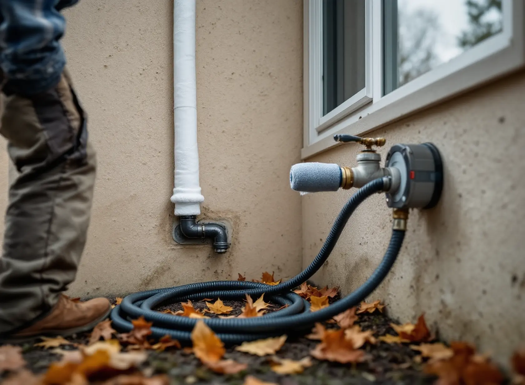 winter-plumbing-maintenance-for-sacramento-homes-complete-checklist-featured-20251121-1913 Homeowner installing foam pipe insulation during winter plumbing maintenance in Sacramento.